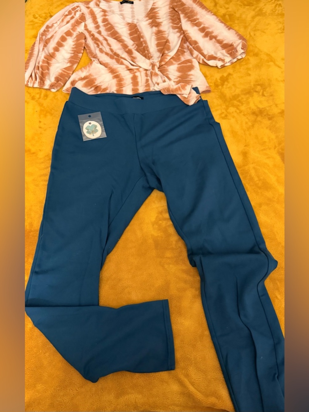 3 Piece Bundle. Women’s Blue Stretch Ponte Pants, Blouse, and Earrings